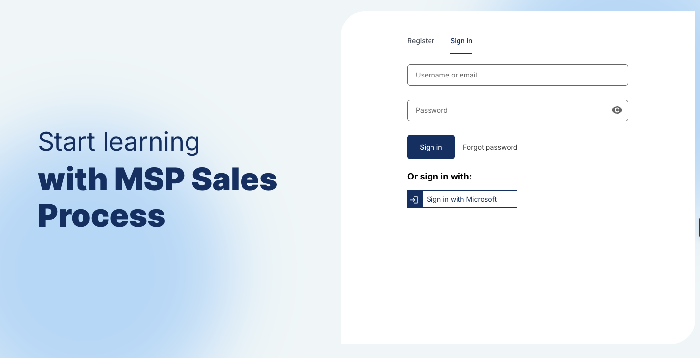 MSP Sales Process platform login screen at apps.learn.mspsalesprocess.com