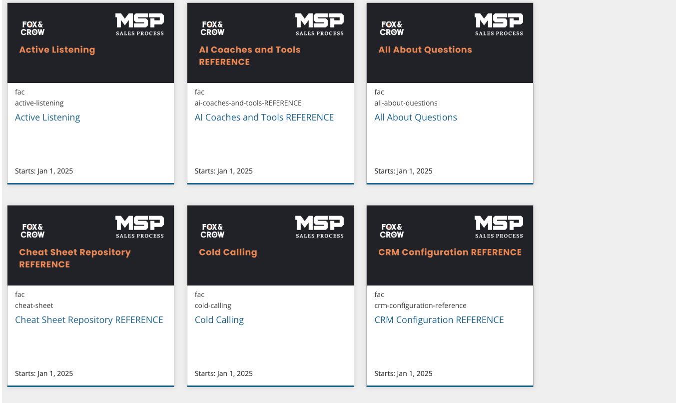 MSP Sales Process course catalog showing branded course tiles with Fox and Crow co-branding