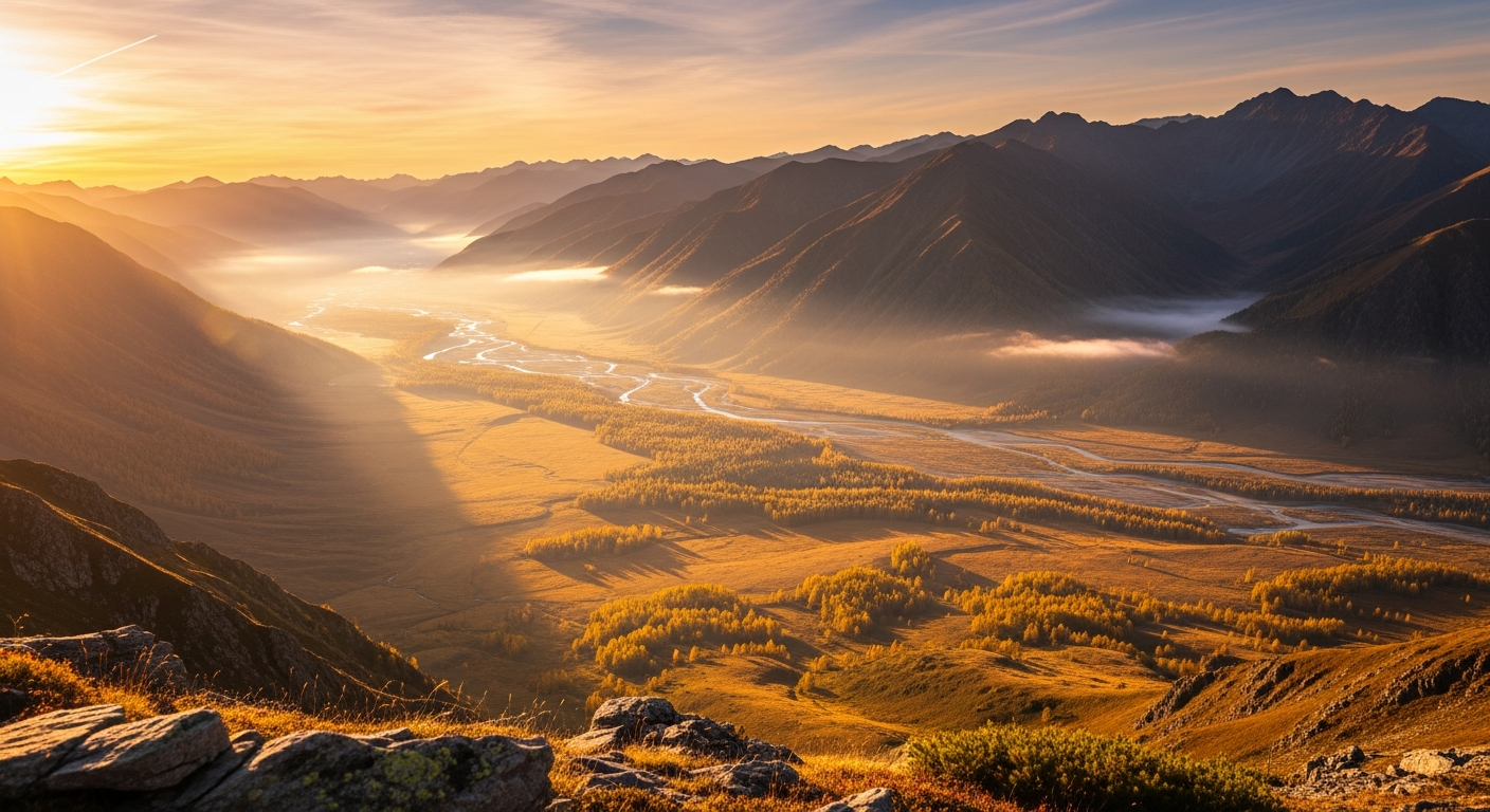 Warm golden valley floor viewed from alpine vantage point