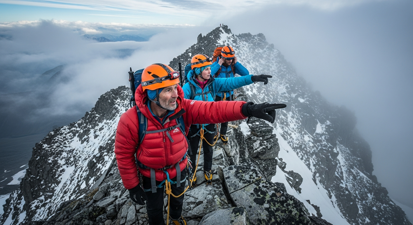 Expedition team on ridge, leader pointing