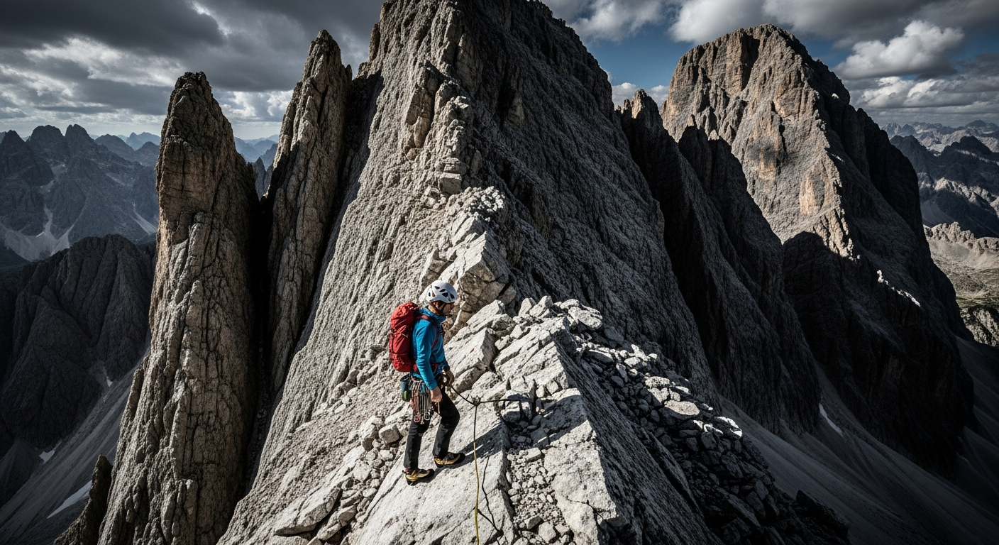 Climber on narrow ridgeline