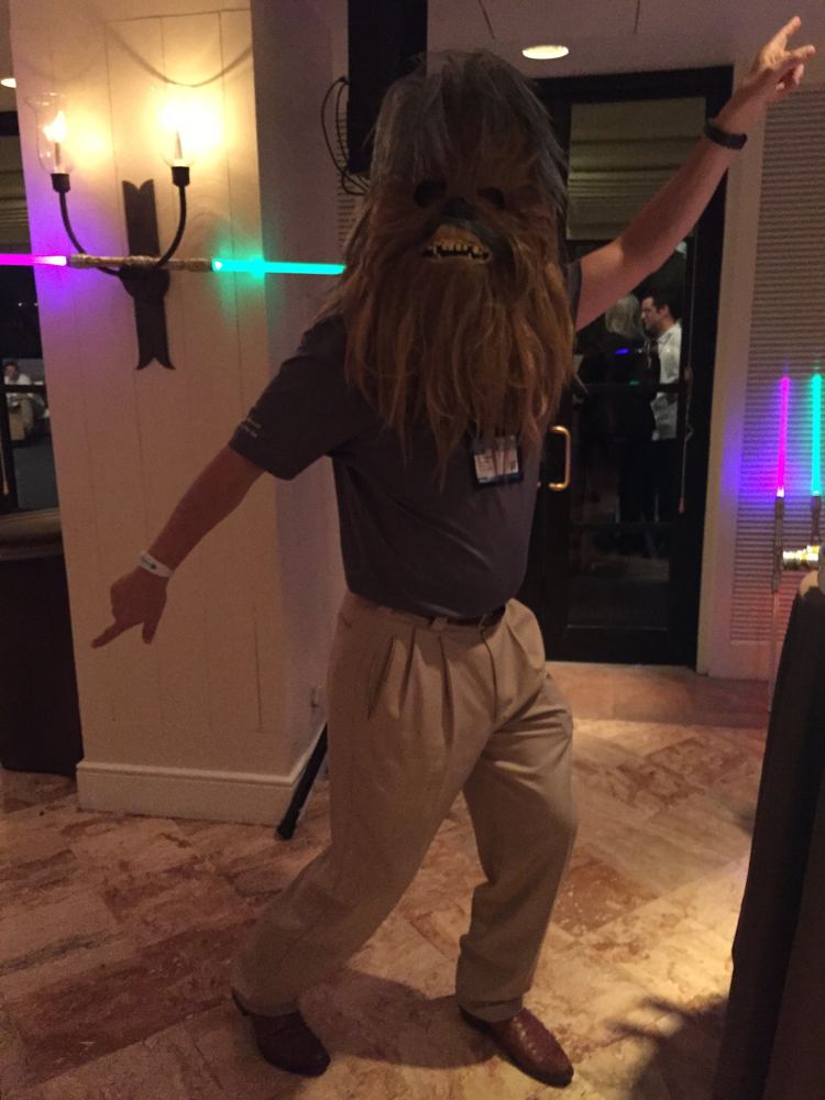 A friend in a Chewbacca mask striking a pose