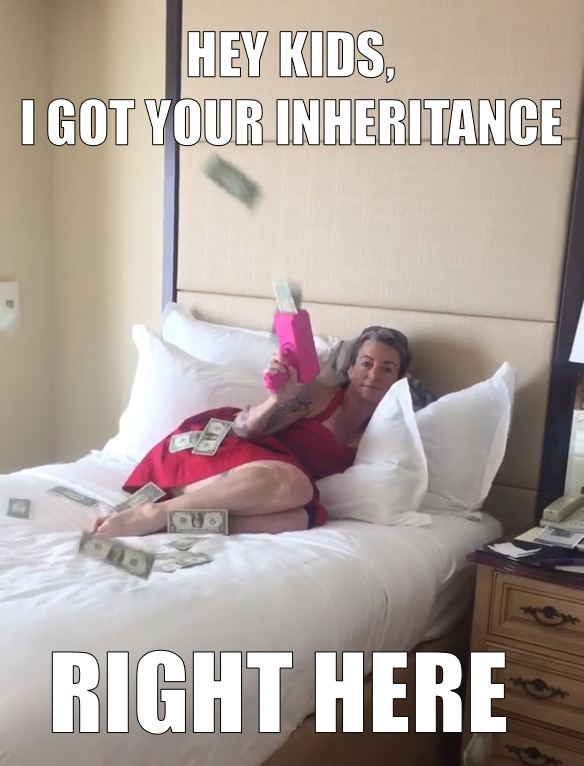 Lounging on a hotel bed firing a pink cash cannon, captioned: Hey kids, I got your inheritance right here