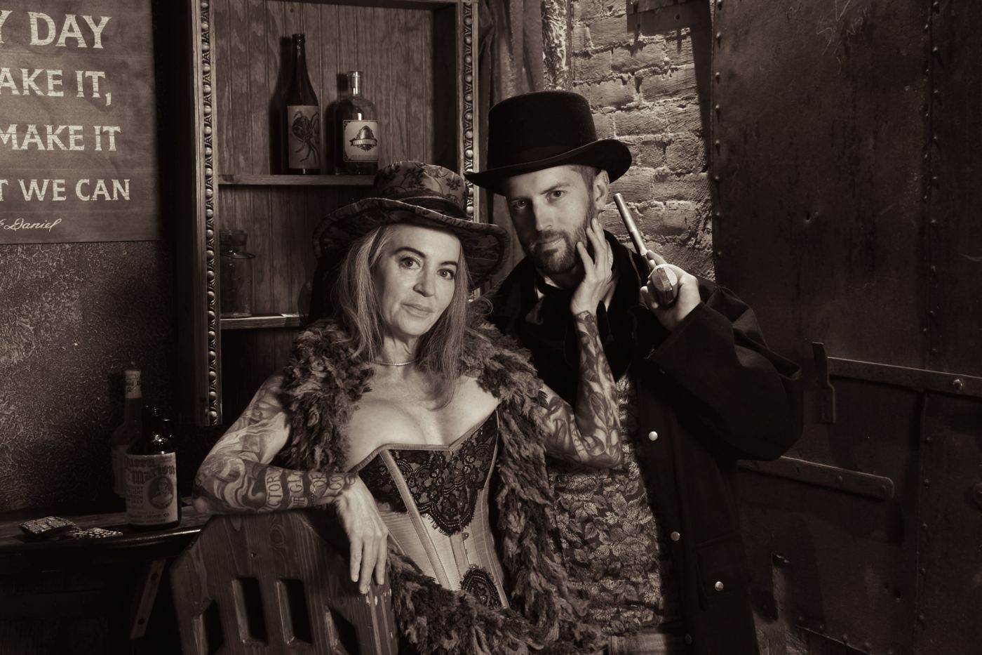 A sepia saloon portrait in costume