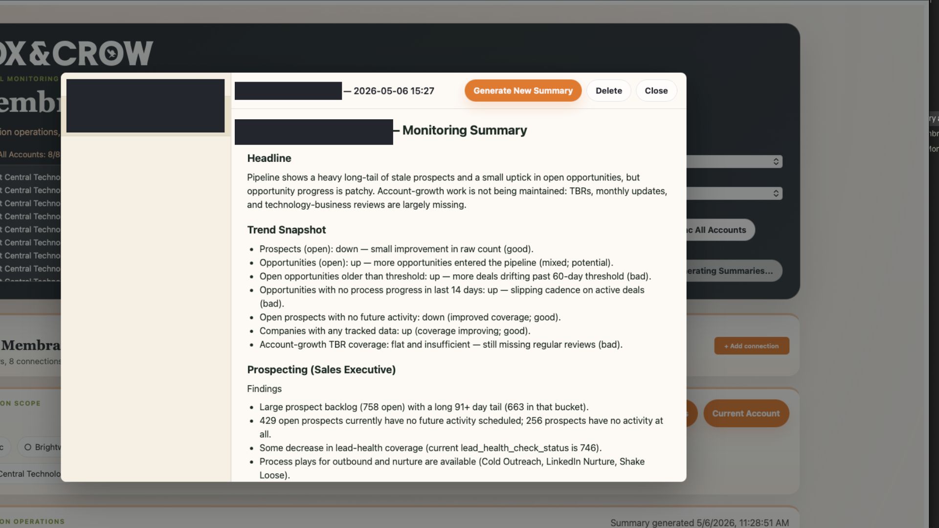 AI-generated pipeline monitoring summary with trend snapshot and findings