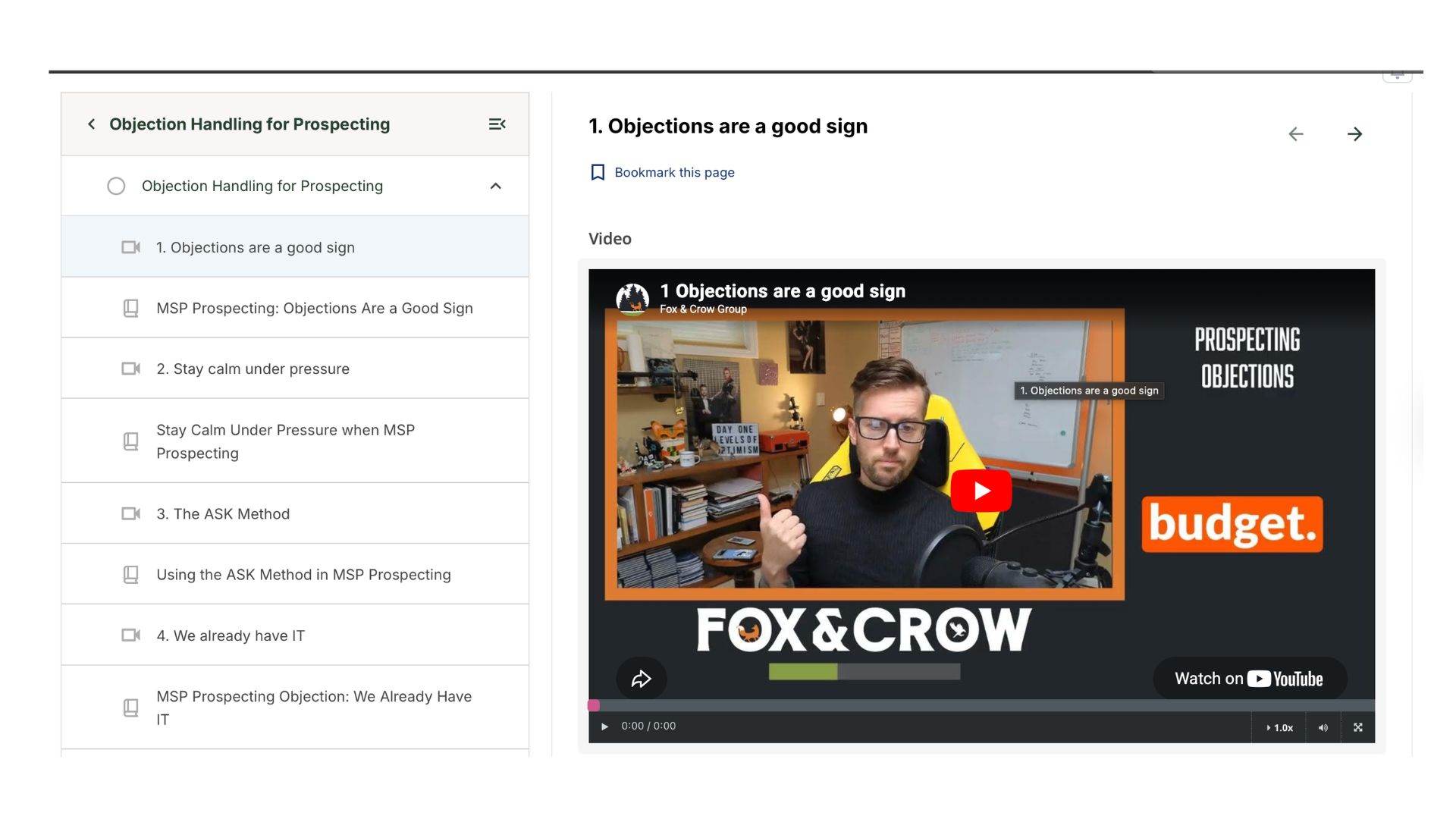 MSP Sales Process LMS course player with video lesson