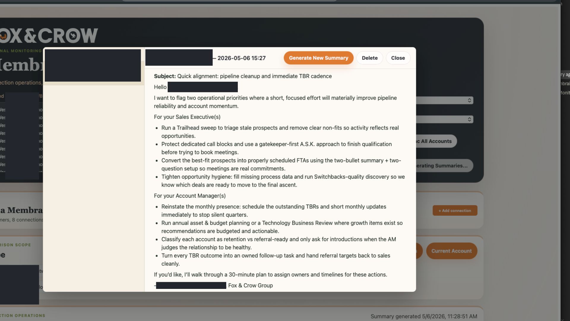 AI-generated action email with prioritized recommendations for sales and account management