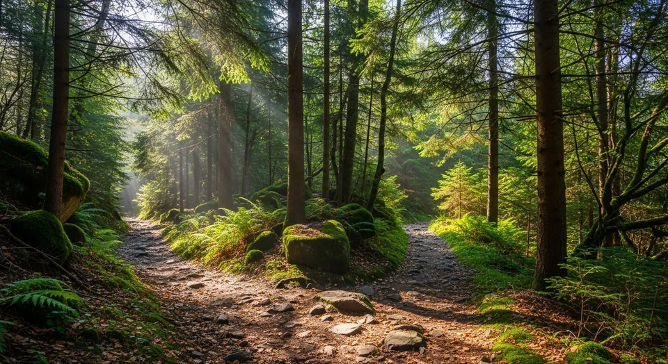 Fork in trail in dense mountain forest