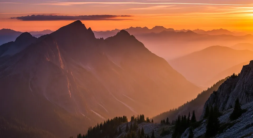 Mountain landscape at golden sunrise